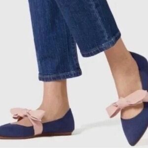 Rothy's The Point Mary Jane flat in sapphire blue with a pink bow sz8